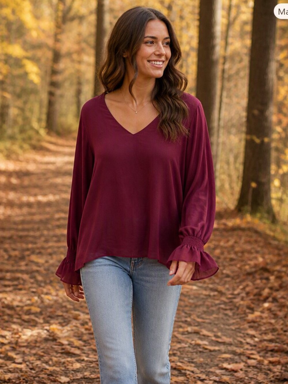 Vince Camuto Burgundy V-Neck Long Sheer Ruffle Sleeve Blouse Size Large